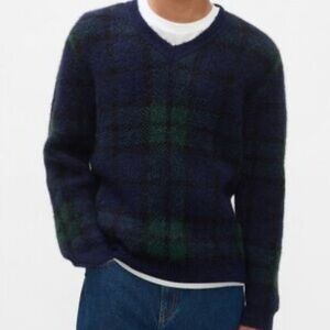 GAP Wool Alpaca Blend V-Neck Sweater Blue & Green Tartan Plaid Men's L Tall
